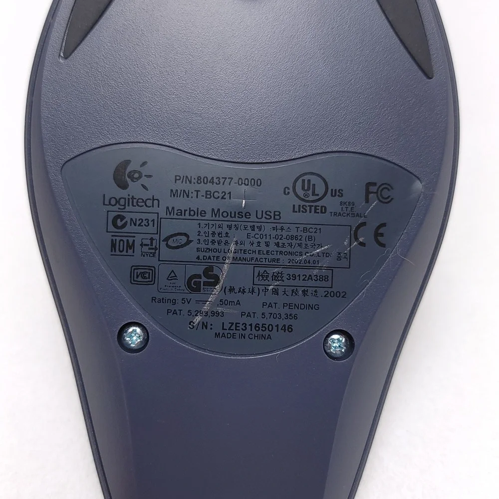 Logitech Marble Mouse USB Trackball Silver Red T-BC21 804377-0000 Ambidextrous